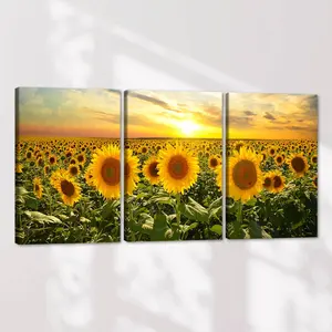 Sunflower Field Pattern Canvas Painting with Frame, 3 Counts/set Modern Art Print, Modern Floral Paintings Wall Art Decor for Home Living Room Bedroom Office, Ornaments, Decorative Wall Art, Floral Prints