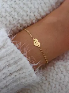 Heart Hollow Initial Bracelet, Stainless Steel Figaro Chain, Simple Fashion Accessory for Women, All Seasons, Age 45-54, Stainless Steel Bracelets, Heart Charm Bracelet