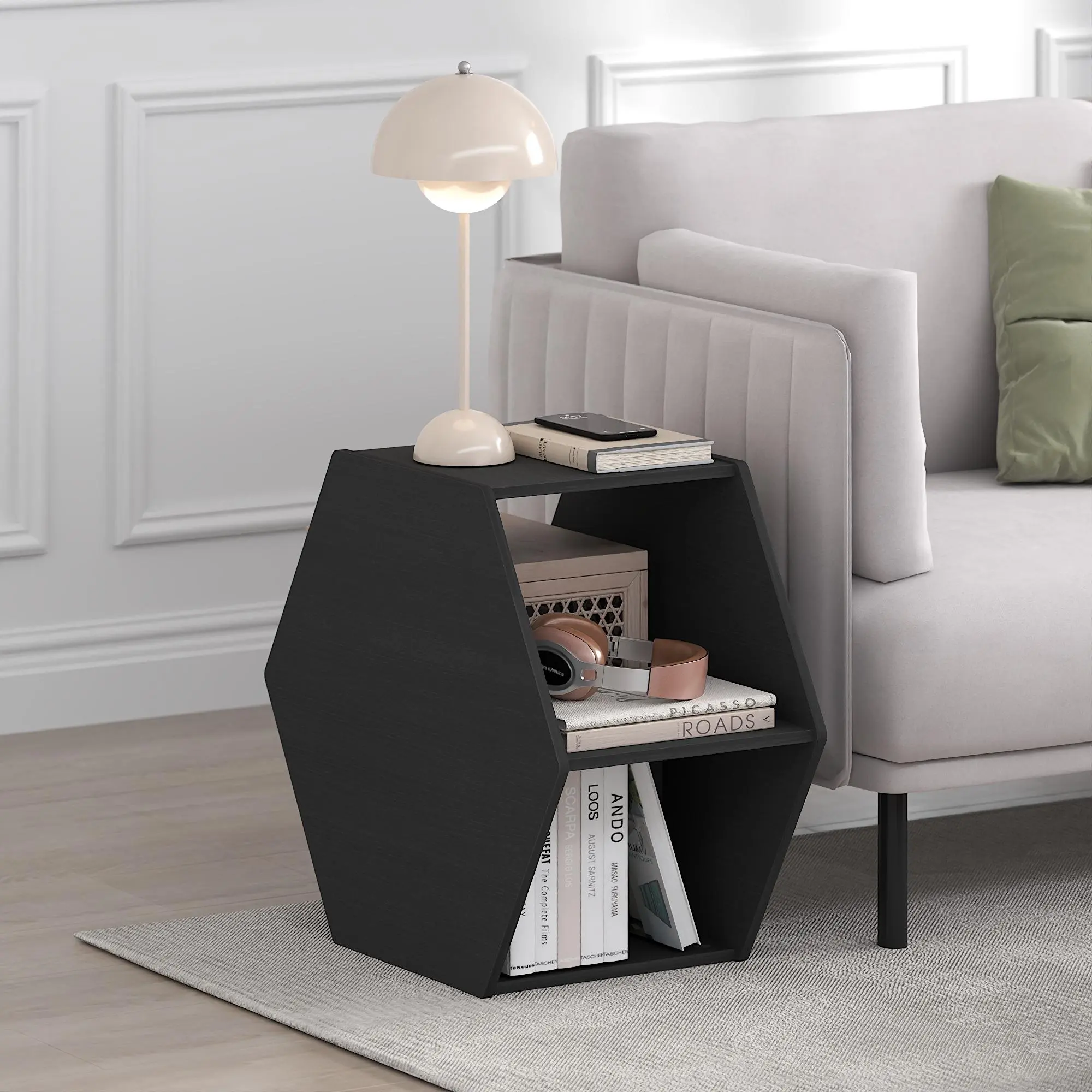 SIMPLE DESIGN Coffee Table, Hexagon Modern Coffee Table with Open Shelf, Vertical or Horizontal Side Table, for Living Room, Bedroom, Home Office, Americano