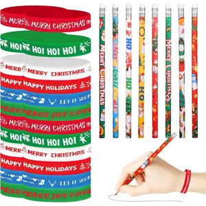 48 count Christmas Pencils Set 24 Christmas Pencil with Eraser 24 Christmas  Bracelets Xmas Wooden Pencils Christmas Wristband Rubber Bracelets Christmas Stocking Stuffers