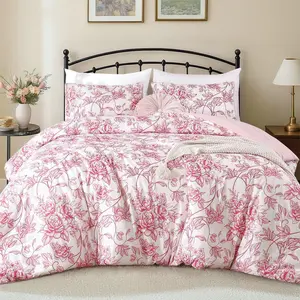 Queen Size Comforter Set Pink Comforter Floral Peony Pattern Bedding Sets 3 Piece Flowers Soft Lightweight Warm Breathable 1 Bed Comforter (90"x90") with 2