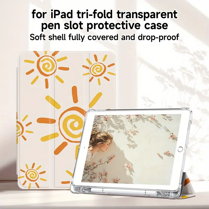 Tri-Fold Protective Case for iPad with Stand, Built-in Pen Slot & Sleep/Wake Function - Compatible with for ipad Air 4/5/6, 7th/8th Gen, Pro 11, 10th Gen 9.7-inch - Vibrant Sunflower Design, Durable Tablet Cover, for iPad Protective Case, Stylus Storage