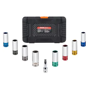 【Summervibes】VEVOR 1/2 inch Drive Lug Nut Impact Socket Set - 8 Lug Nut Sizes Metric and SAE 6-Point Deep Socket CR-MO Steel Wheel Socket Set with Storage Case and Extension Bar for Auto Repair