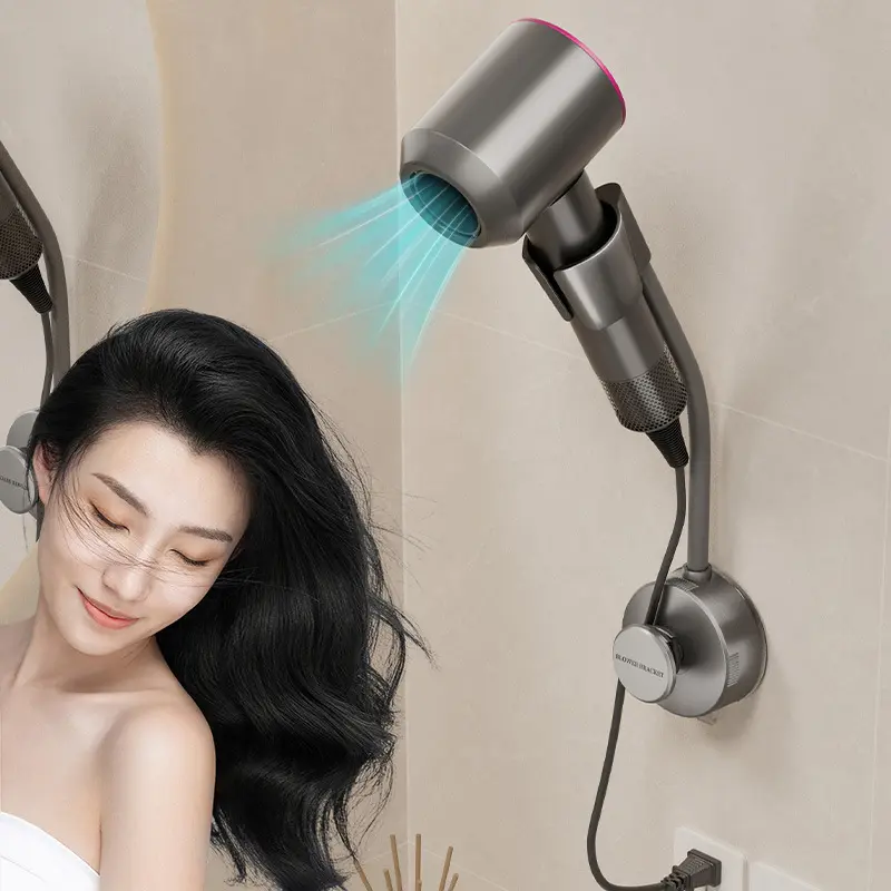 City Dry-Hair Dryer Stand Hands Free Wall, 360 Adjustable Hose Positionable Arm and strong adhesive Suction Cup Hair dryer storage rack for Mirror and Ceramic Tile, Bathroom Accessory, Bathroom Necessities
