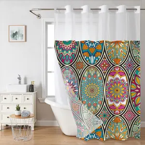 Boho Style Floral Pattern Shower Curtain, Waterproof Bathroom Curtain with Snap-in Fabric Lining, Non-slip Bathroom Mat, Bathroom Accessories for Home Hotel Salon Dormitory Decor