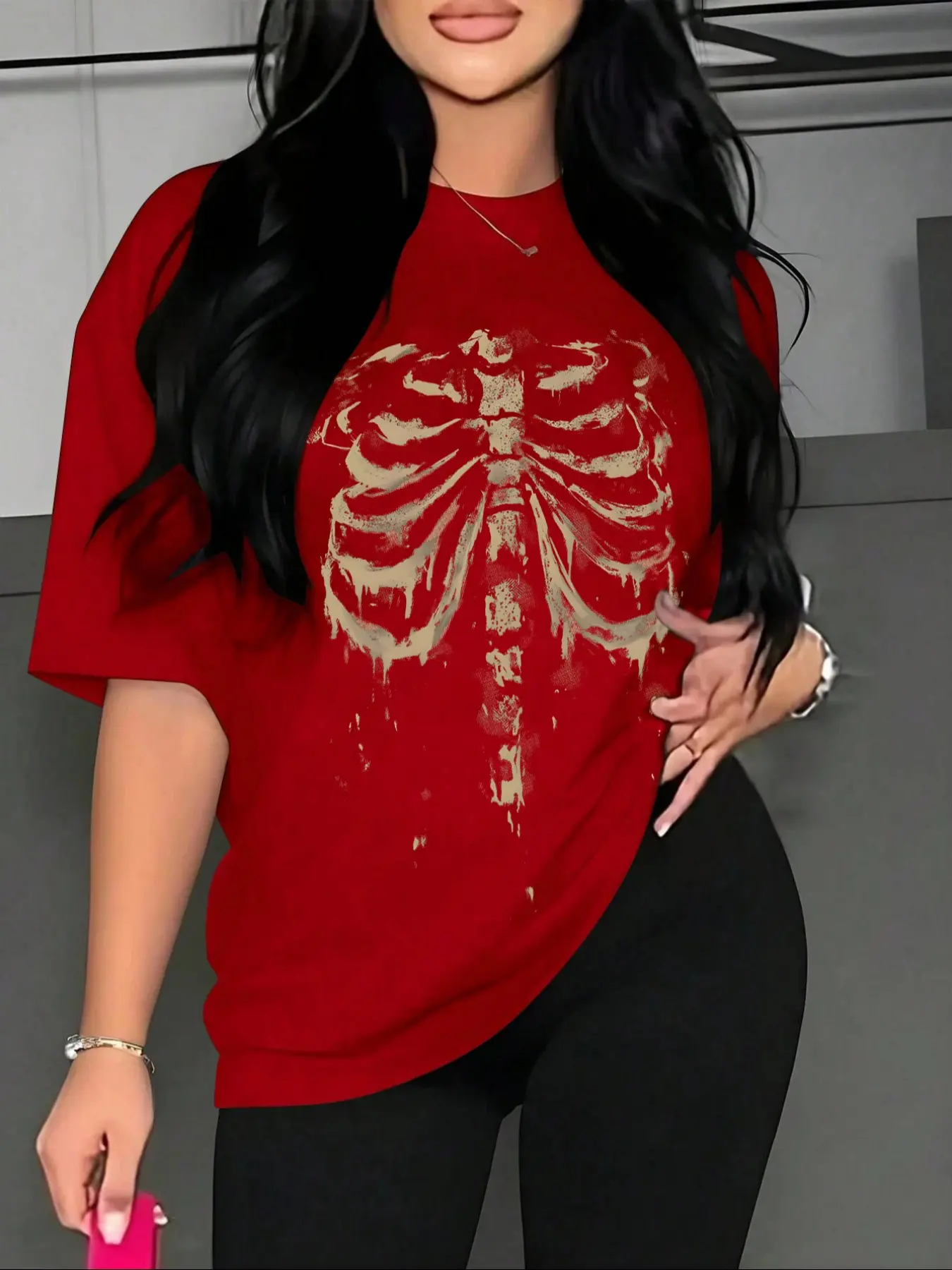 Comfortable Halloween Skull Shirt, Vintage Retro Skull Chest T-Shirt, Unique Halloween Skull Tee, Hollow Out Skull Head Shirt, Knitted, Aesthetic, Fit, Summer, Womenswear