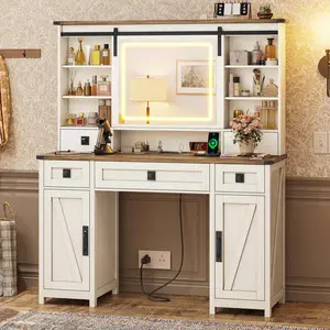 Sikaic Makeup Vanity with Sliding Mirror LED Lights & Wooden Storage Cabinet for Home Decor