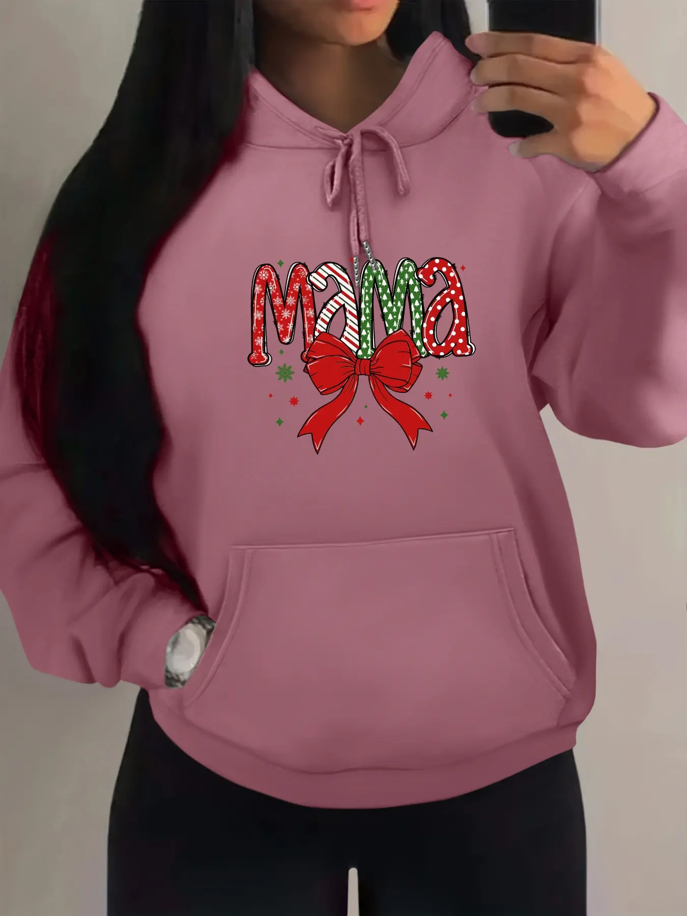 Christmas Print Hoodie with Kangaroo Pocket, Drawstring Adjustable Comfort, Casual Streetwear Tops Women, Unisex Fitted Hooded Sweatshirt for All Seasons