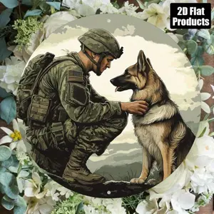 1PC Patriotic Military Theme Round Aluminum Wall Decor 20.32x20.32cm Soldier with German Shepherd HD Metal Sign Home Office Veterans Anniversary Gift Animal Art Bright Colors