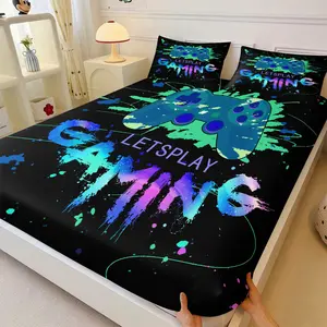 Gamer Themed Fitted Sheet, Neon Gaming Controller Bed Cover, All-around Elastic Deep Pocket Mattress Protector for Boys & Teens Bedroom