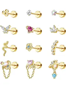 Glamorous 12 Pcs Golden Cute 16G Cartilage Earrings Studs Retro Copper Surgical Steel Flat Back Earrings for Women Men Cute CZ Ball Heart Butterfly Flower Flat Back Dangle Barbell Earrings Tragus Helix Conch Ear Piercing Jewelry Set