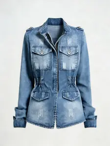 Women's Vintage Washed Distressed Slim Fit Denim Jacket, Fall/Winter European & American Style, Casual All-Match