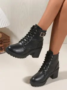 New Fashion High Heel Women's Boots, Lace-Up Round Toe Mid-Calf Boots, Casual Fall & Winter Nude Boots