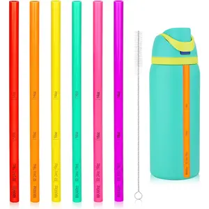 6pcs Straw Replacements for Water Bottle, Cup Soft Plastic Straws with Brush Reusable Stainless Steel Tumbler Parts Accessories with Scale for 14/16/19/24/32/40oz