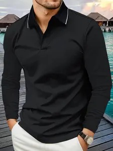 Spring And Autumn Lapel Men's Polo Shirt Long Sleeve Solid Color Lightweight Casual Sports Top For Men Black