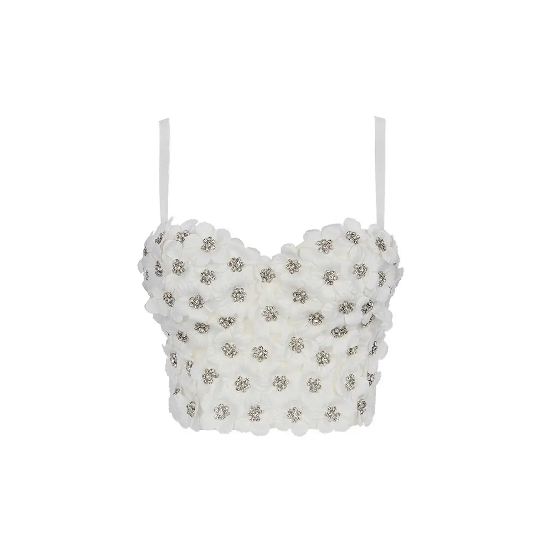 Women's Fitted Short Sleeveless Crystal Floral Rhinestone Glitter Corset Tank Top - Sling Crop Tube Vest, Shaper Blouse for Wedding Party, Blind Date Events