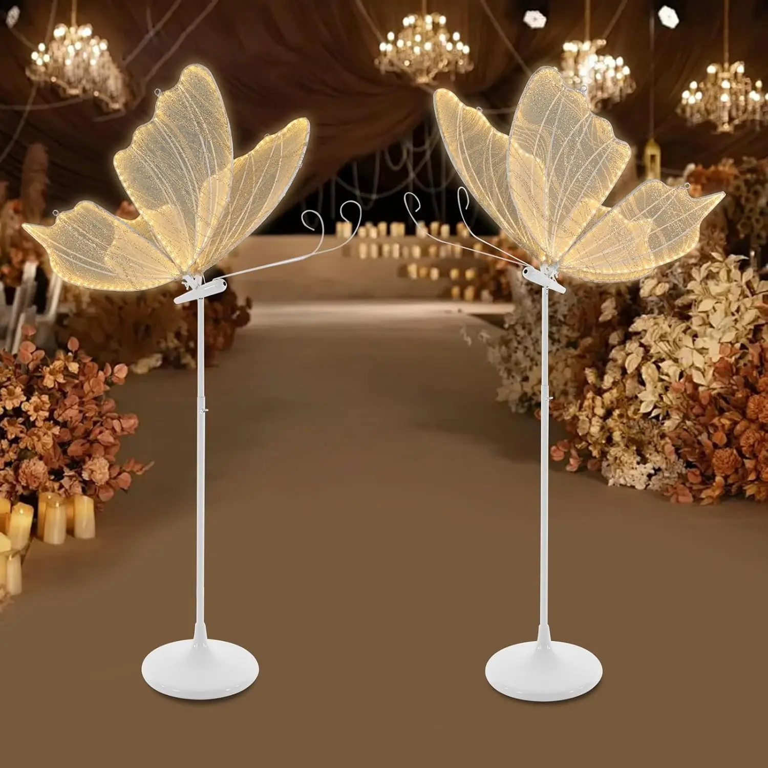 2-Pack Butterfly Wedding Aisle Lights Romantic Butterfly LED Decoration Lights, Adjustable Height 57.5-70.1in LED Decor with Dual Mounting for Indoor Weddings (Gold, Warm Light)
