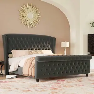 Queen/King/California King Size Upholstered Sleigh Bed Frame Velvet Button Tufted Scroll Headboard Footboard No Box Spring Modern Bedroom, Cream