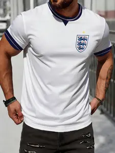 England Three Lions Team Emblem Retro V-Neck Colorblock 3D Print Short Sleeve Men's Football Fan Casual Top, All Seasons Long Sleeve Shirt