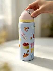 Stylish Light Blue Seafood Cocktail Pattern Owala 32oz Leakproof Airtight Water Bottle, Reusable Portable Flask Bottle, Washable Kitchenware Drinkware Mug Cup