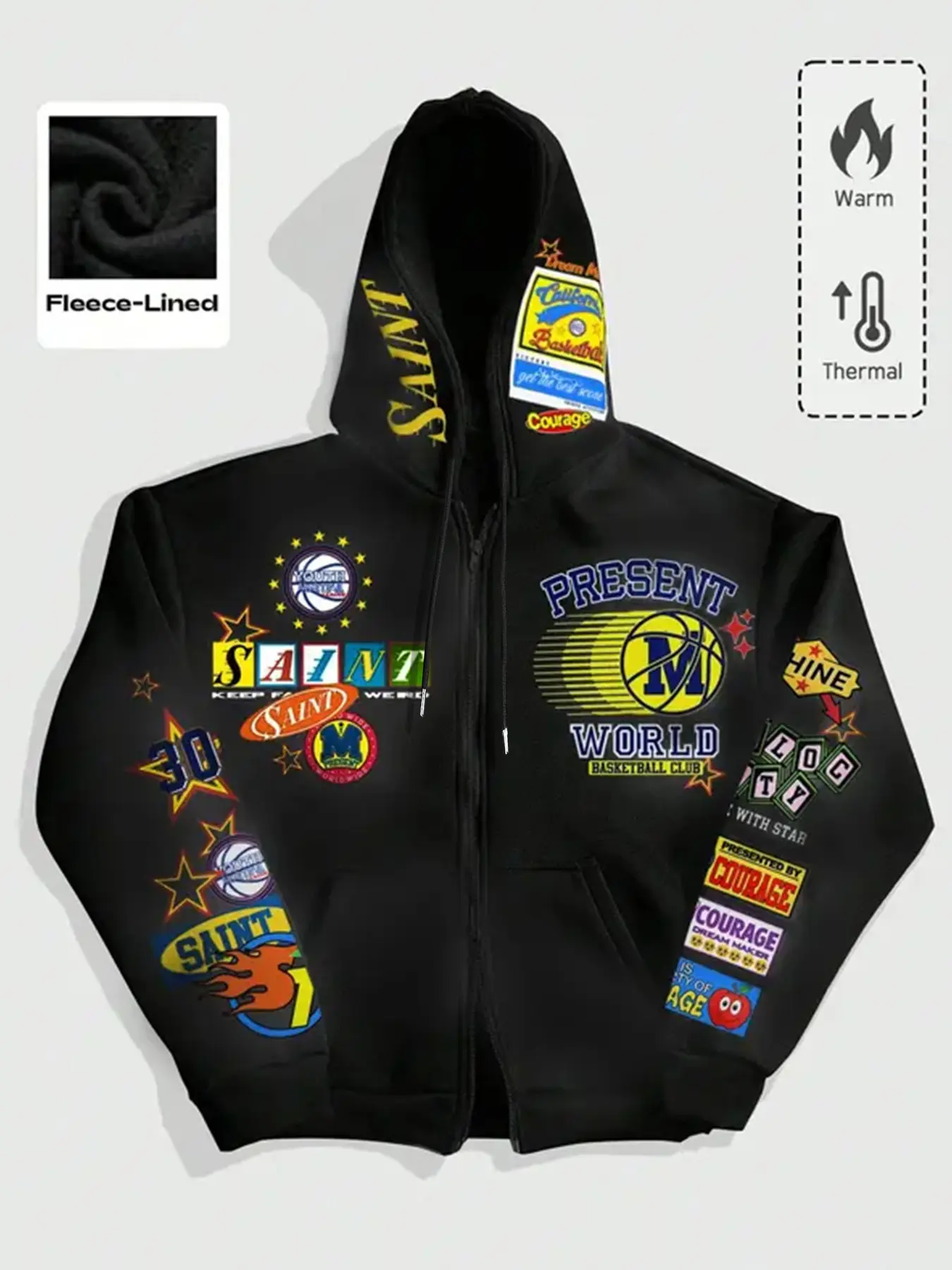 Men's Basketball Patchwork Print Fleece Zipper Sweatshirt, Cool Graphic Design, Vintage Street Style, Casual Fall & Winter Wear