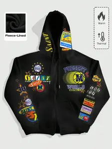 Men's Basketball Patchwork Print Fleece Zipper Sweatshirt, Cool Graphic Design, Vintage Street Style, Casual Fall & Winter Wear