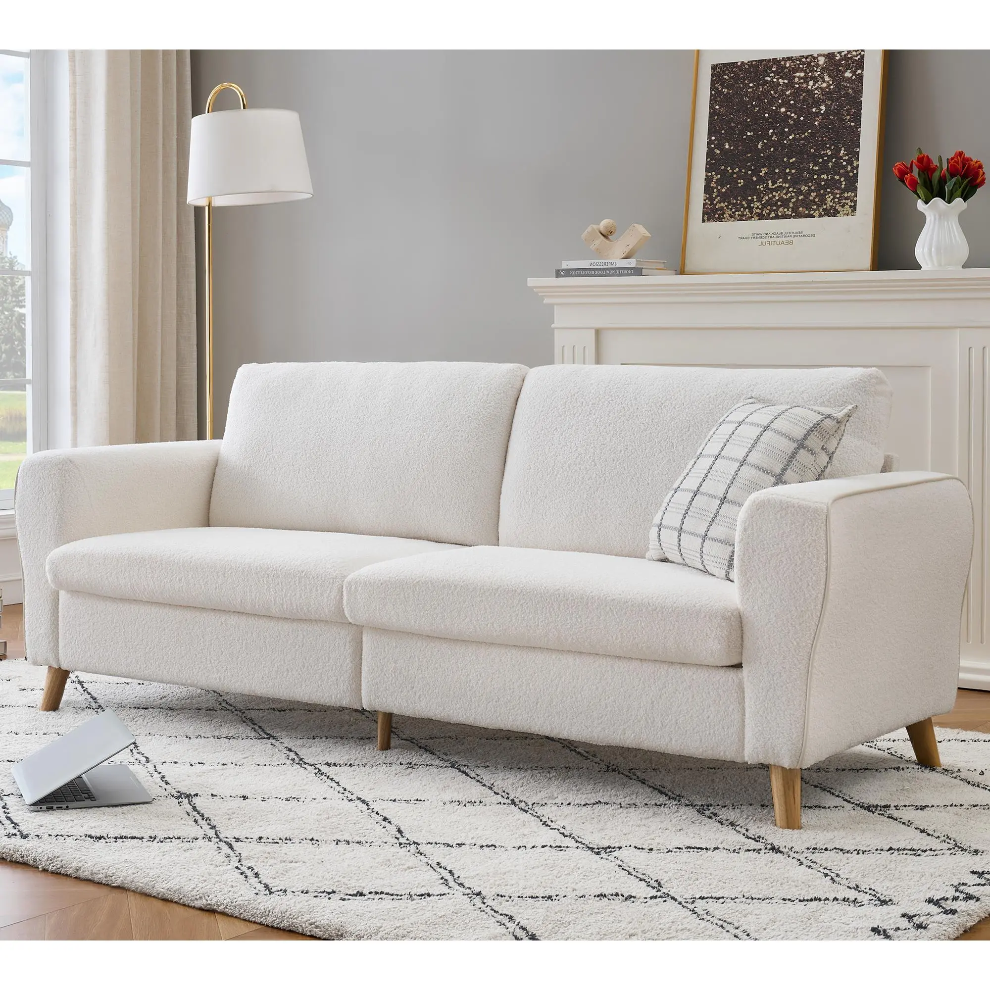 84'' Modern Sofa Couch – Large 3‑Seater Sofa with Streamlined Armrests – Boucle Loveseat with Wood Feet – Comfy Couch for Living Room, Apartment, Lounge – White