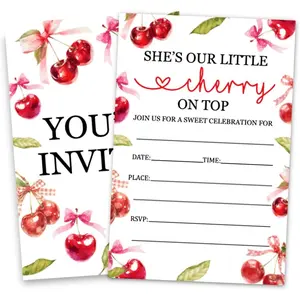 Pink Bow Cherry Birthday Party Invitations, Coquette Cherry Party Invitations Card for Boys Girls (30 Cards & 30 Envelopes)