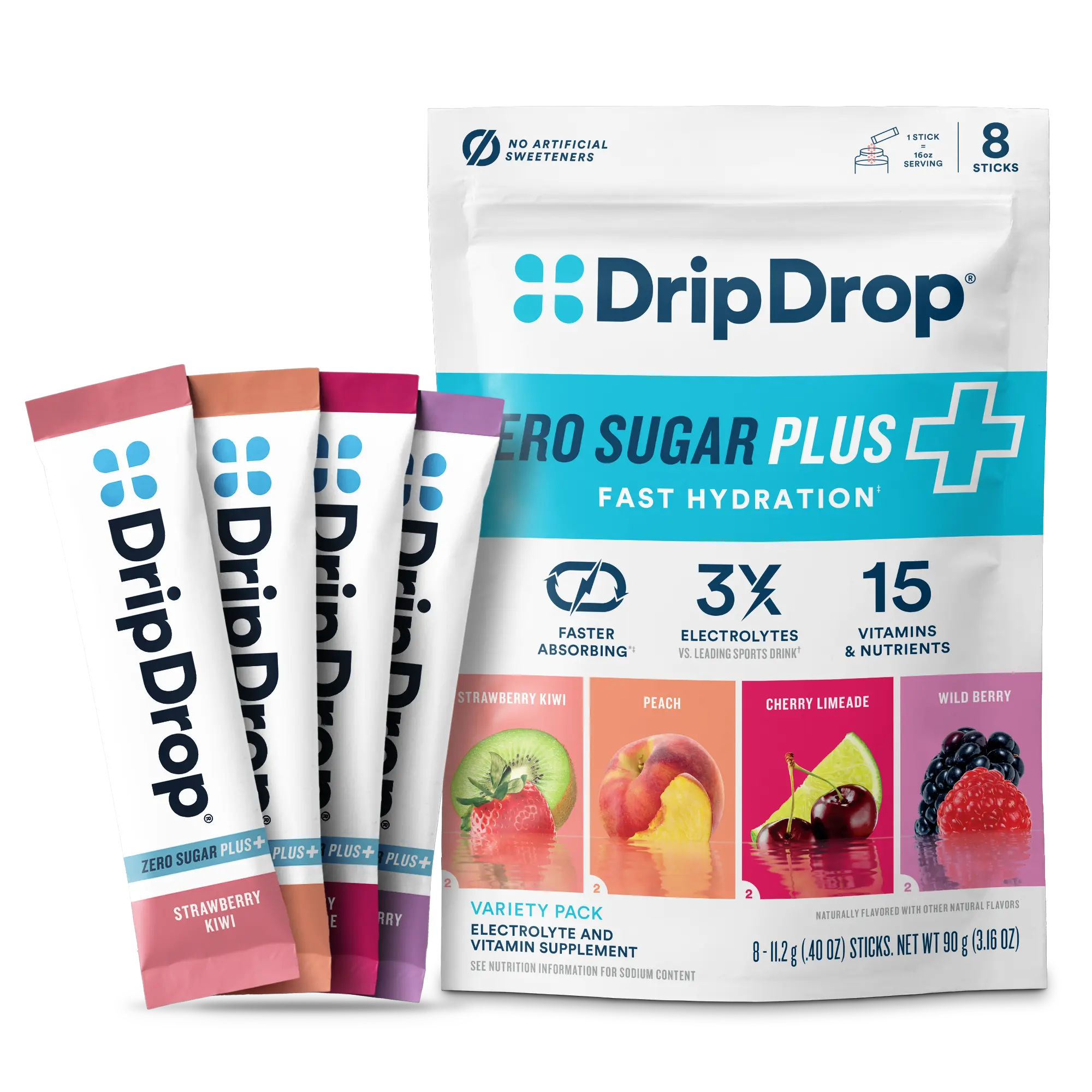 DripDrop Zero Sugar Plus, Strawberry Kiwi, Peach, Cherry Limeade, Wild Berry, 16 oz sticks, 8 count DripDrop Zero Sugar Plus, Strawberry Kiwi, Peach, Cherry Limeade, Wild Berry, 16 oz sticks, 8 count