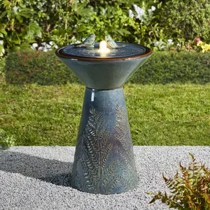 Glitzhome 27.5"H Turquoise Two Birds Embossed Fern Fronds Pattern Pedestal Outdoor Ceramic Birdbath Fountain with Pump and LED Light (KD)
