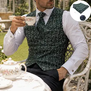Alizeal Mens Floral Vest with Tie Pocket Square 4pcs Set Elegant Formal Casual Menswear for Spring Wedding and Party