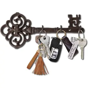Key Holder for Wall - Cast Iron Skeleton Key - Decorative Farmhouse Rustic Wall Mount Key Organizer - 3 Key Hooks - Vintage Key Rack for Entryway with Screws & Anchors – 10.8 x 4.7 - Rust Brown