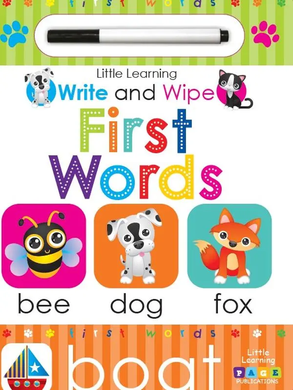 Reusable Laminated Write-and-Wipe Kids' Educational Book - 11 x 8.6 inches, English First Words & Lettering, Art for Kids, Preschool at Home, Beautiful Illustrations, Engaging Stories, Parent-Child Bonding Tool