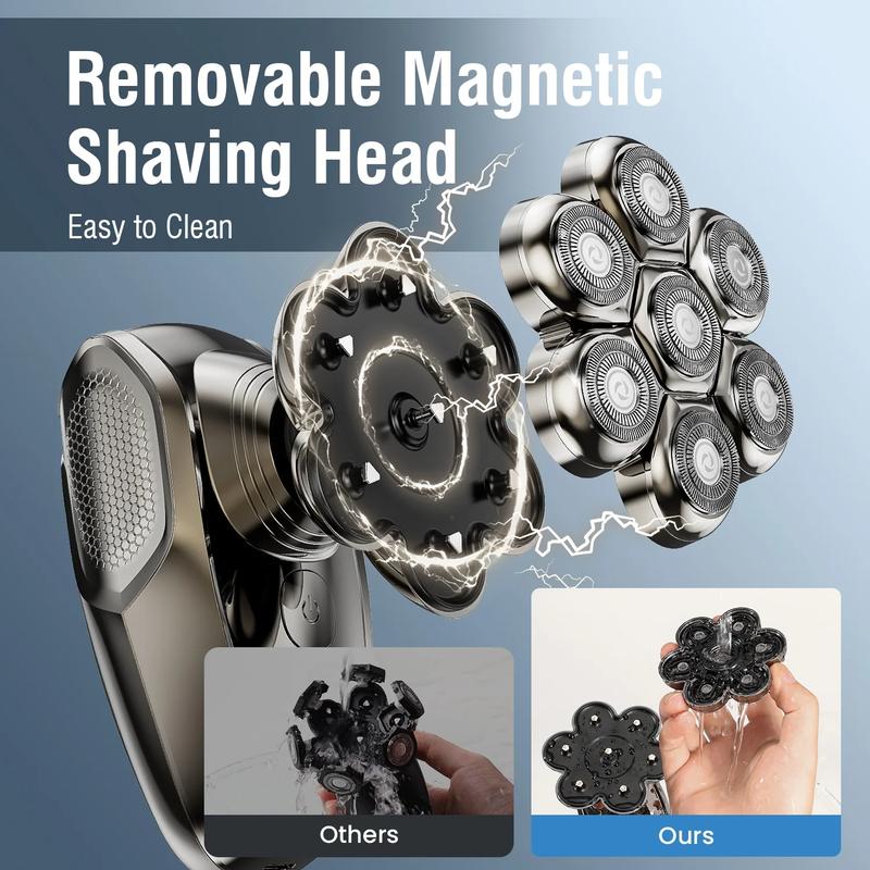 MISAM Pro Max 7,500 RPM 7D Magnetic Head Shaver for Bald Men IPX7 Waterproof Quick Charge Grooming Kit 6-in-1 LED Display Type-C Rechargeable Easy-Clean Detachable Heads