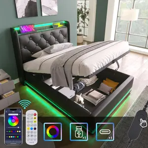 Twin Size Black Upholstered Bed, 360 Surround LED Function, Buttons/Apps/Remote Control, Hydraulic Storage Bed with USB Type-C Charging, PU (Without Mattress) (Black Twin)
