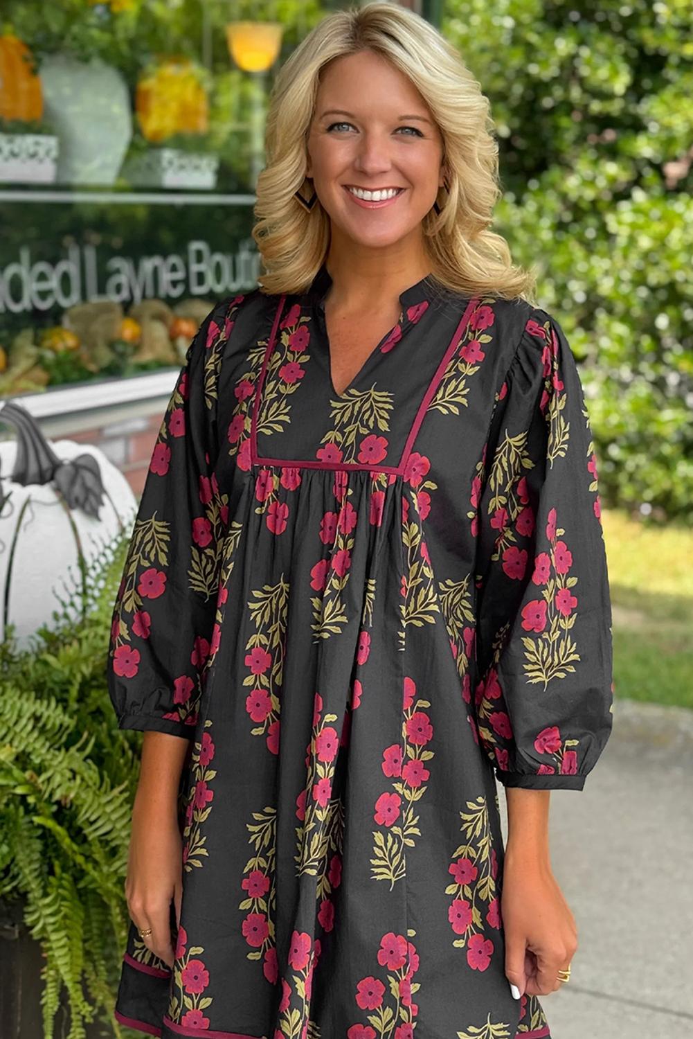 Mntaor Women's Sky Blue Floral Striped Mini Dress with Tie Notched Neck & Puff Sleeves Easy to Wear for Brunch Shopping or Weekend Getaways Mntaor Women's Sky Blue Floral Striped Mini Dress with Tie Notched Neck & Puff Sleeves Easy to Wear for Brunch Shopping or Weekend Getaways