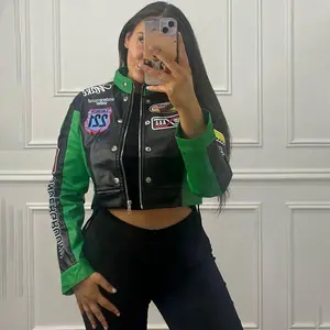 Women??s Moto Streetwear Crop Jacket ?C Colorblock Printed Zipper Jacket, Sporty Trendy Short Outerwear Halloween costume Womenswear Coats