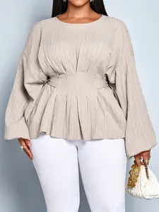 Women's Casual Long Sleeve Shirt Top, Fall & Winter Fitted Plain Bow Design, Large Size Round Neck Back Tie Knot Blouse