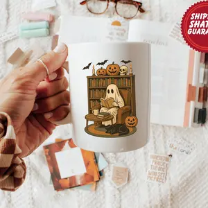 Retro Ghost Reading Books Mug, Librarian Halloween Cup, Cute Teacher Coffee Mug, Boo School Ceramic Mug, Spooky Fall Gift 