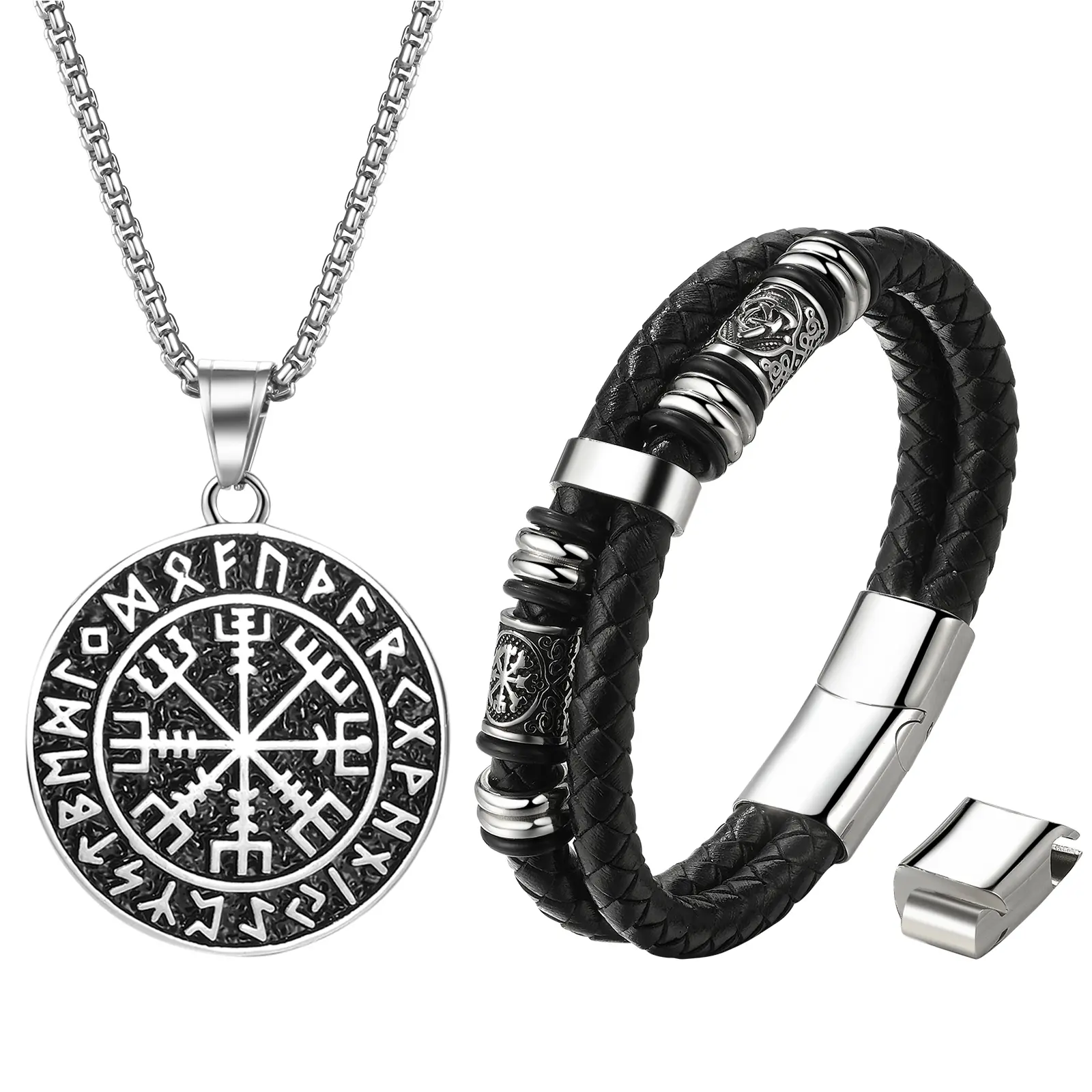 OIDEA Men's Viking Jewelry Set, Stainless Steel Rune Necklace and Adjustable Hand-Twisted Leather Bracelet, Ideal Gift for Norse Fans, Accessory Set, Matching Jewelry Set, Father's Day