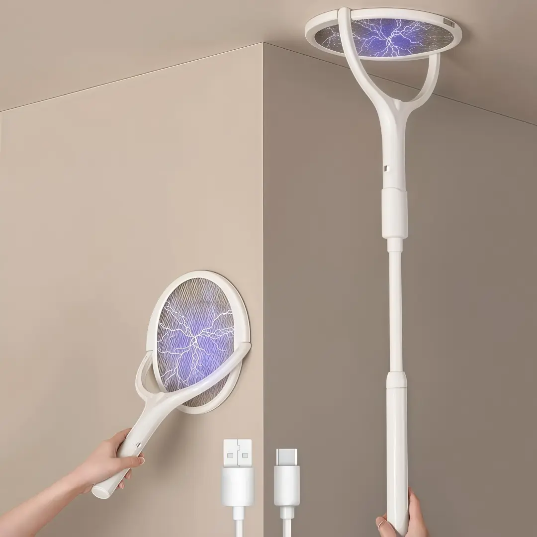LMMAKE 1PC Rechargeable Electric Fly Swatter Racket - Rotating Head, 17-45 in Telescopic Handle, 3500V Shock Bug Zapper for Indoor Pest Control, No More Mosquitoes Pest Control Solutions