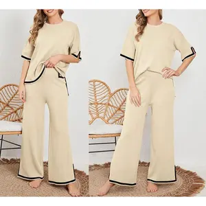 Women Sweater Set 2 Piece Casual Outfit Short Sleeve Knitted Pullover Tops Wide Leg Pants