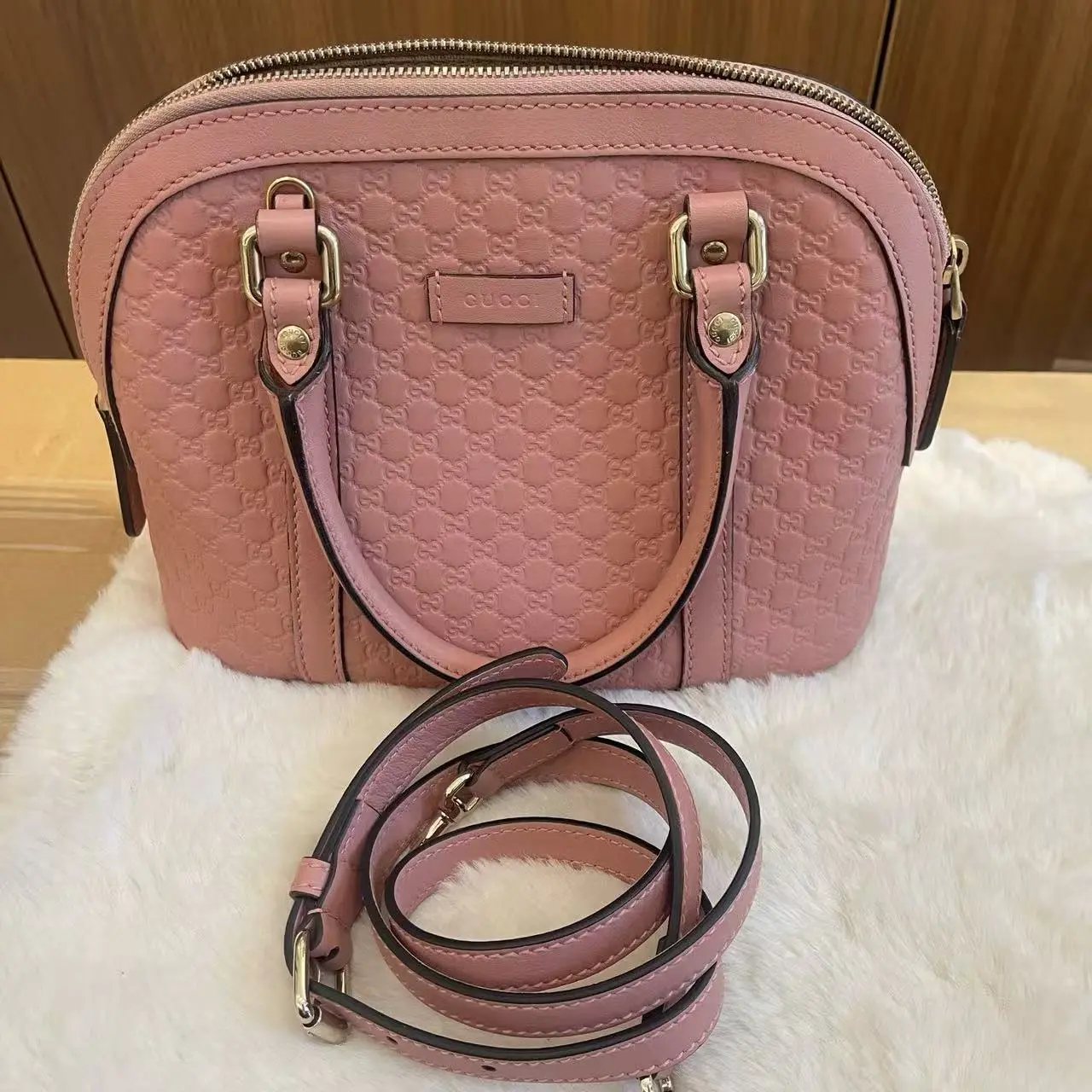 Pre-owned GUCCI Preloved Micro GG Embossed Dome Satchel Bag Pink Leather, Detachable Crossbody Strap