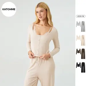 KatchMe Women's Elegant U-Neck Long Sleeve Top & Drawstring Waist Trousers with Lace Trim Camisole Three-Piece Set, Comfort Set for Lady, Minimalist Womenswear