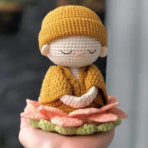 Cute Handmade Crochet Monk in Lotus, Natural Cotton, Perfect Gift for All Occasions