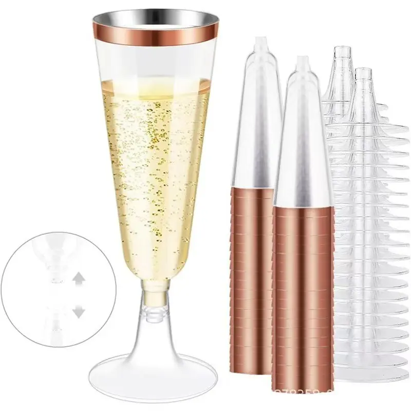Gold/Rose Gold Plastic Champagne Cups, 50 Pieces, Disposable Party Glasses, Wedding Toasting Flutes, Elegant Stemmed Wine Cups