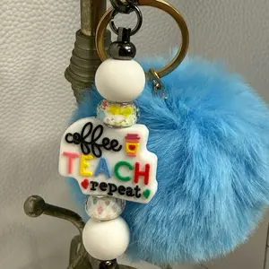 Coffee Teach Repeat Keychain with Blue Pom-Pom and Beads for Teachers and Coffee Lovers
