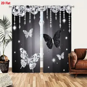 2D Flat Temu Luxury Black Butterfly 2-Piece Curtain Set, Crystal Bubble Starry Background Design, White Silver Iridescent Wings Sheer Curtains with Sparkling Black Butterfly for Bedroom Living Room, Magical Celestial Enchantment Decor
