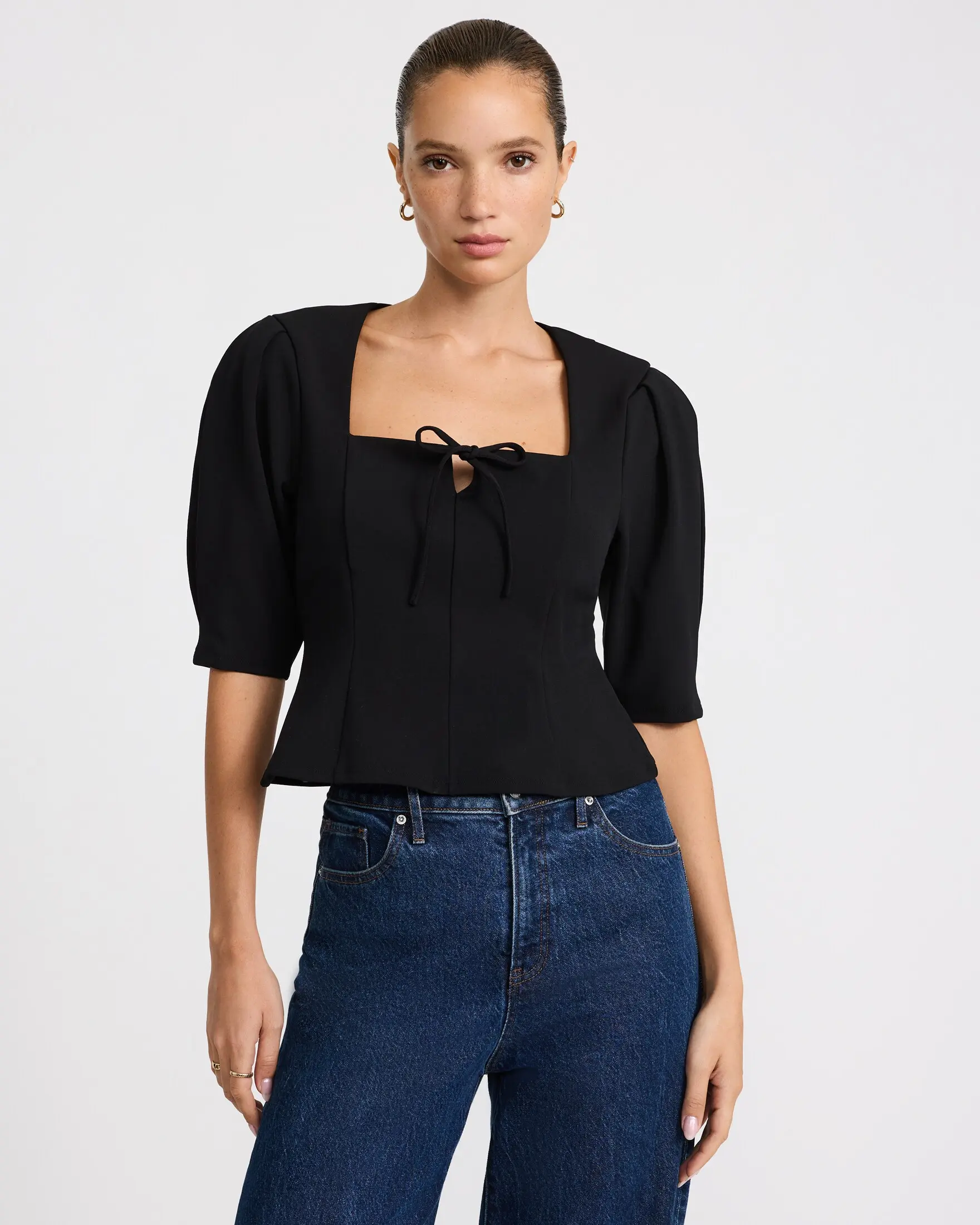 Express Bow Front Puff Sleeve Top in Studio Stretch Crepe