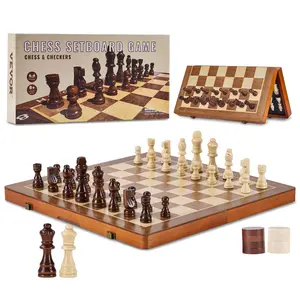 VEVOR Magnetic Wooden Chess Set,  15 inch 2-IN-1 Chess Checkers Game Set, Folding Chess Board Games for Adults , 2 Queens Portable Travel Gift Chess Set for Tournament Professional Beginner